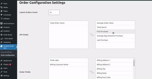 order configuration settings for zendesk 