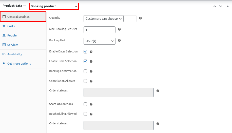 booking product general settings 