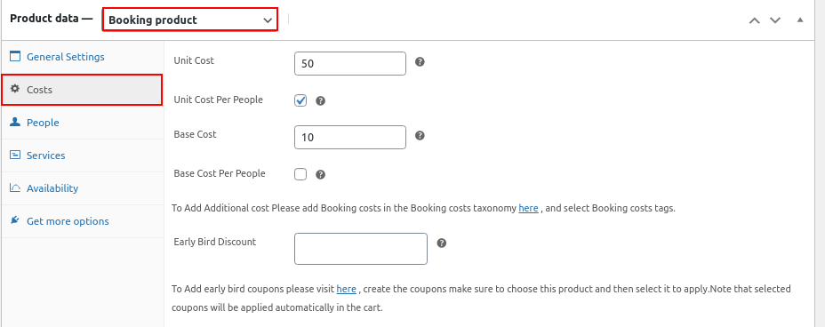 bookings cost settings