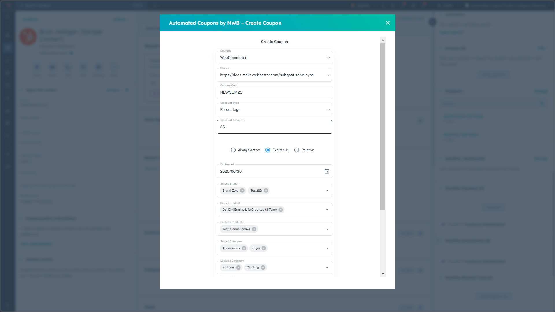 hubspot contacts crm card modal