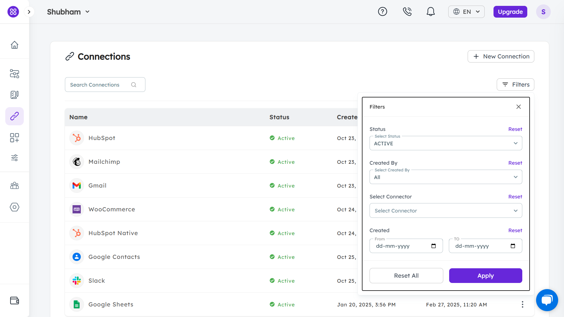 app connections filters