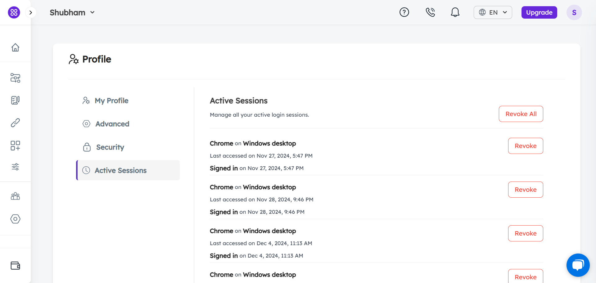 edit profile active sessions