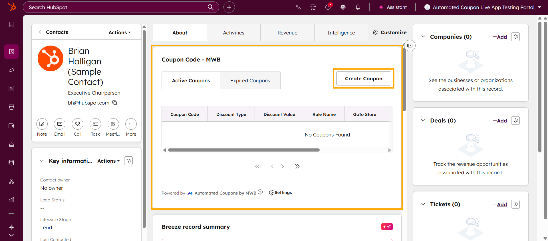 Setup App Card Automated Coupons