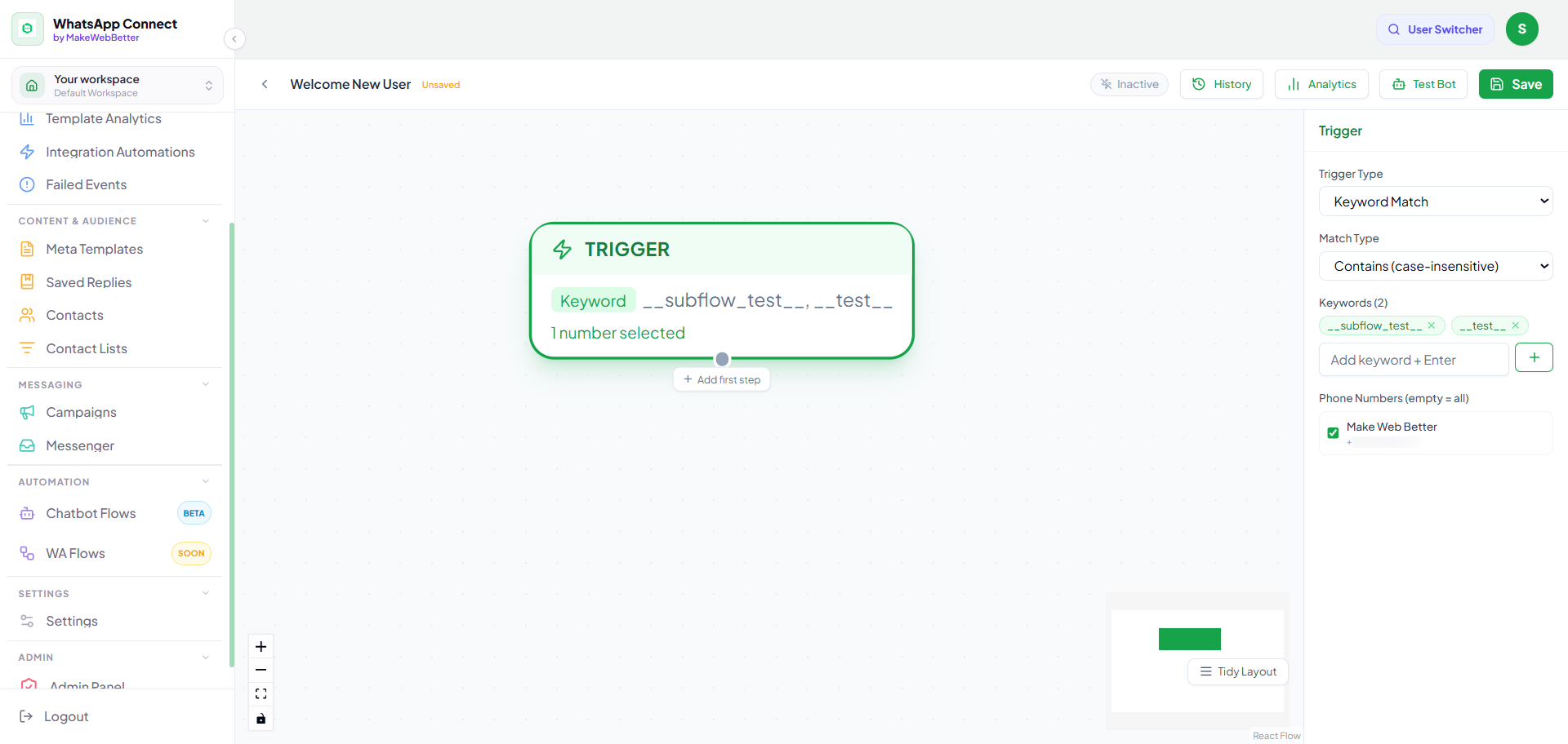 chatbot flows - set trigger