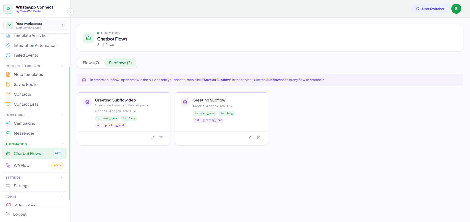 chatbot flows - subflow tab