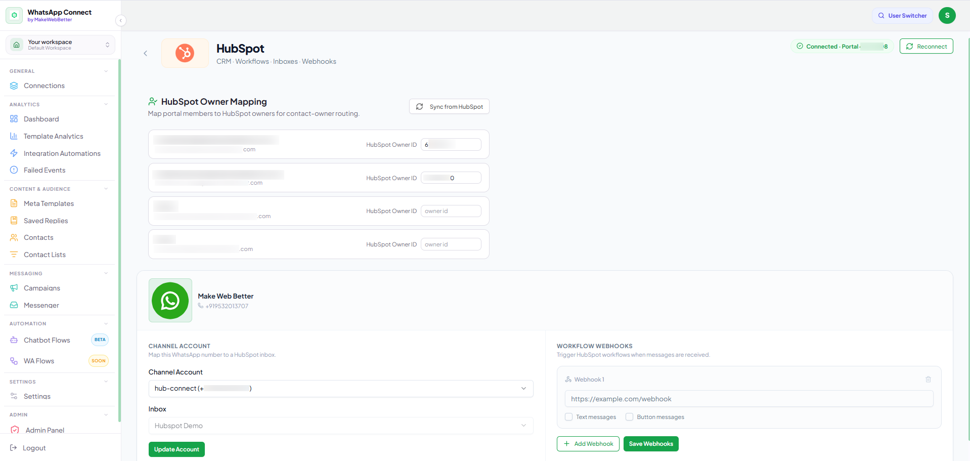 hubspot whatsapp connection setup