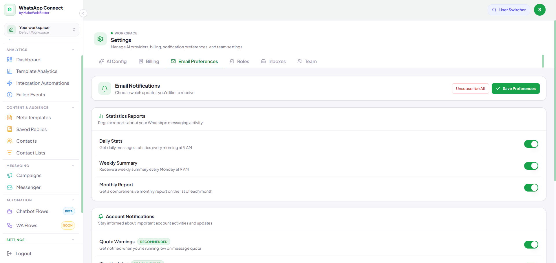 settings - email preferences