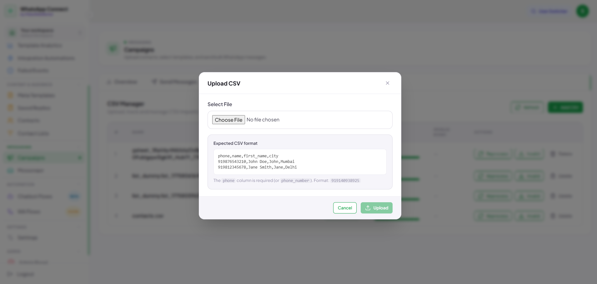 whatsapp campaigns - manage CSVs - upload list