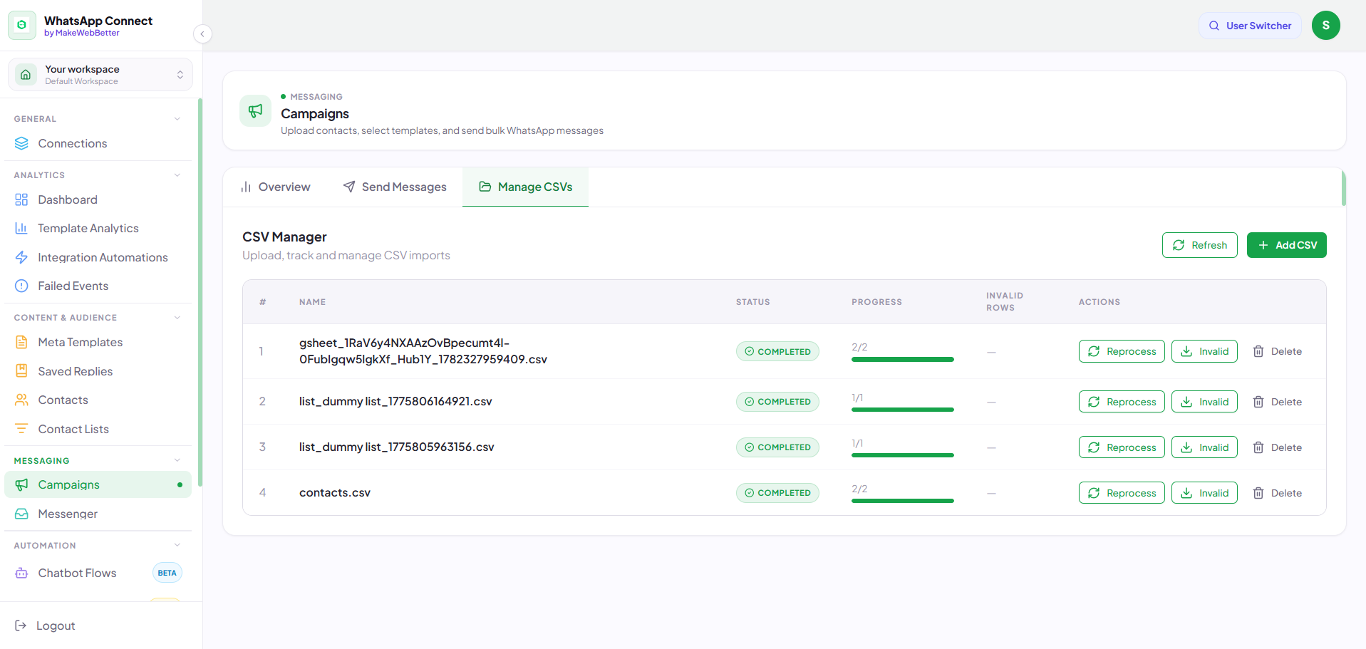 whatsapp campaigns - manage CSVs