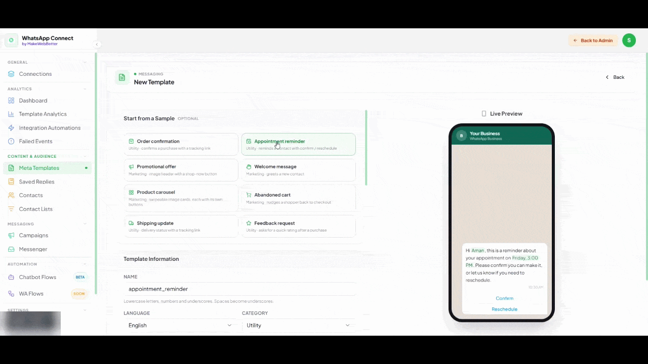 whatsapp message template builder with meta approval