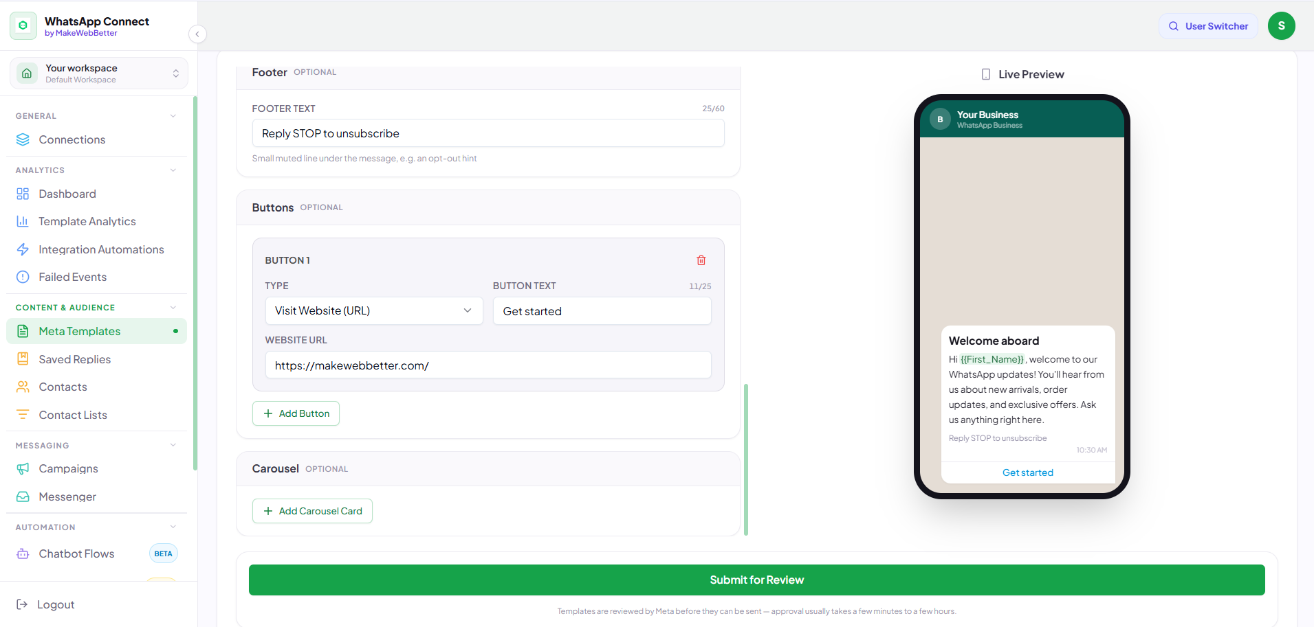 whatsapp template for meta approval