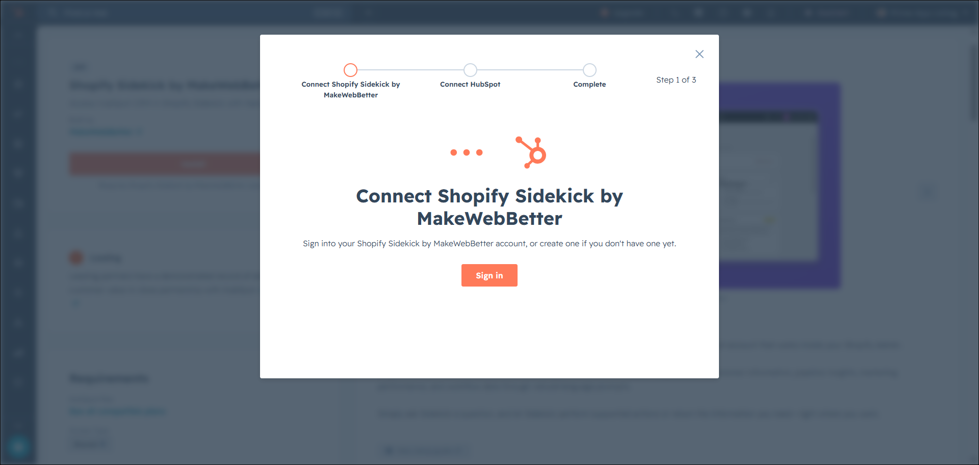 Connect Shopify Sidekick with HubSpot modal