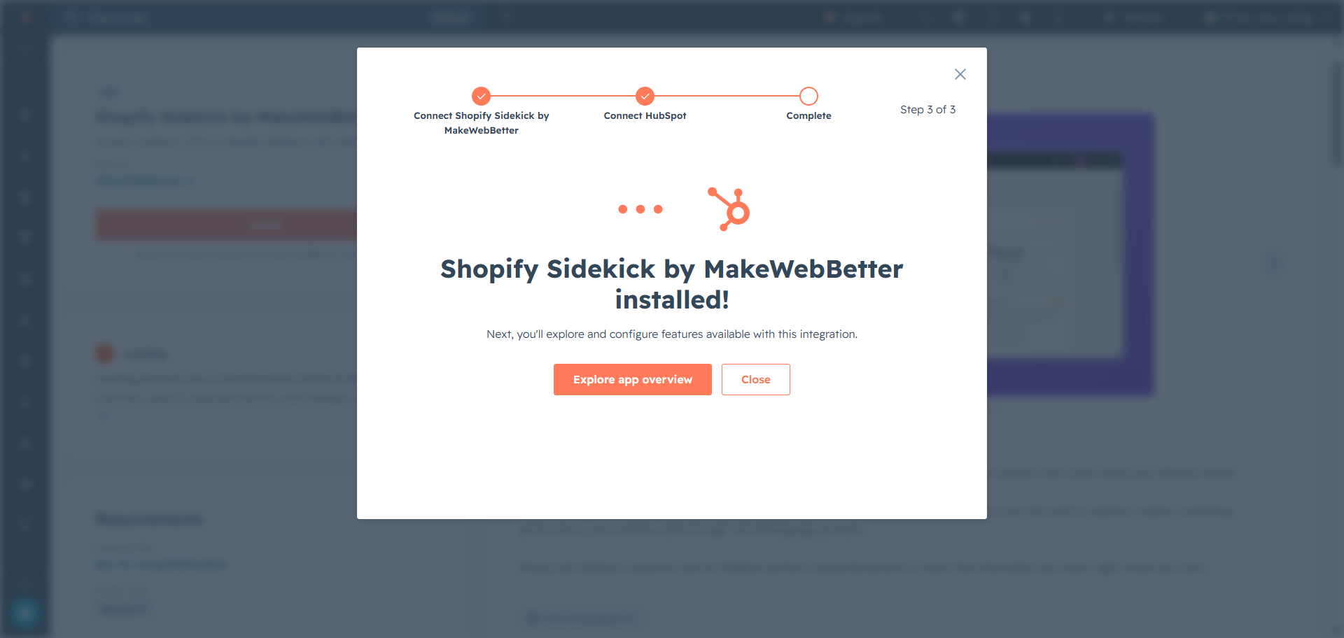 HubSpot Shopify Sidekick Integration Installed