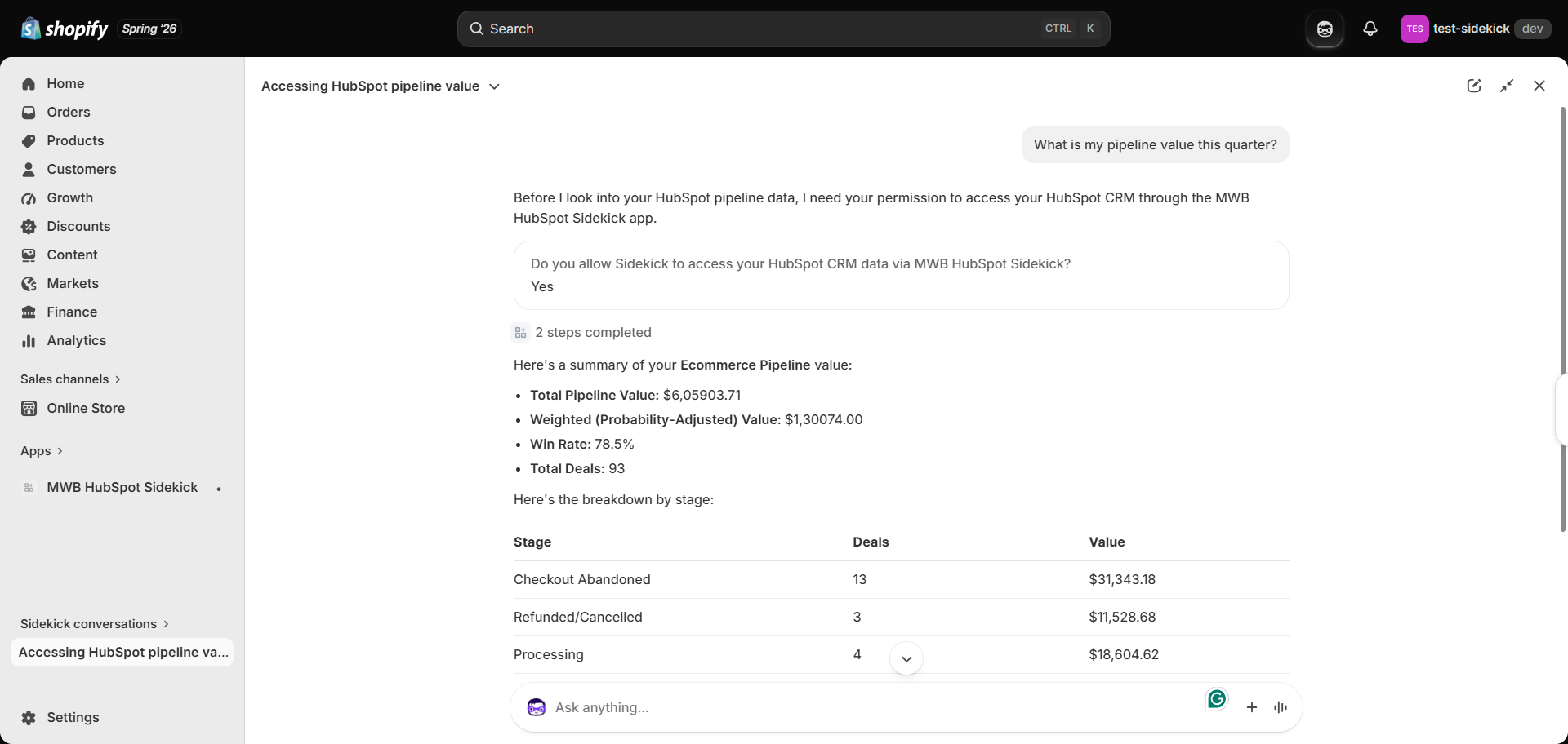 ask shopify sidekick for hubspot data1