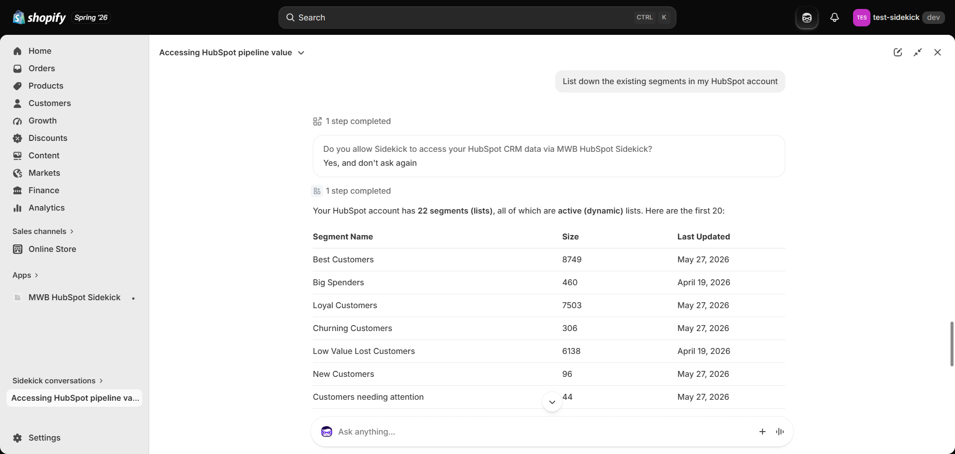ask shopify sidekick for hubspot action