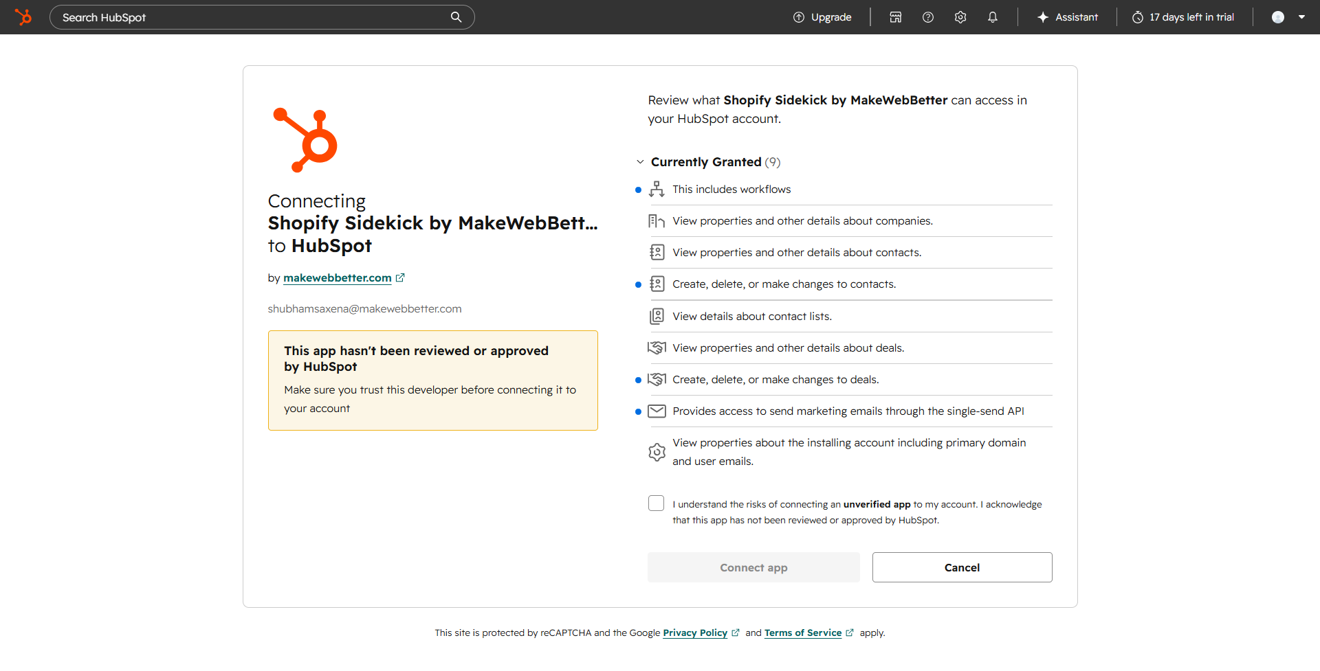 HubSpot permissions - Shopify Sidekick HubSpot integration