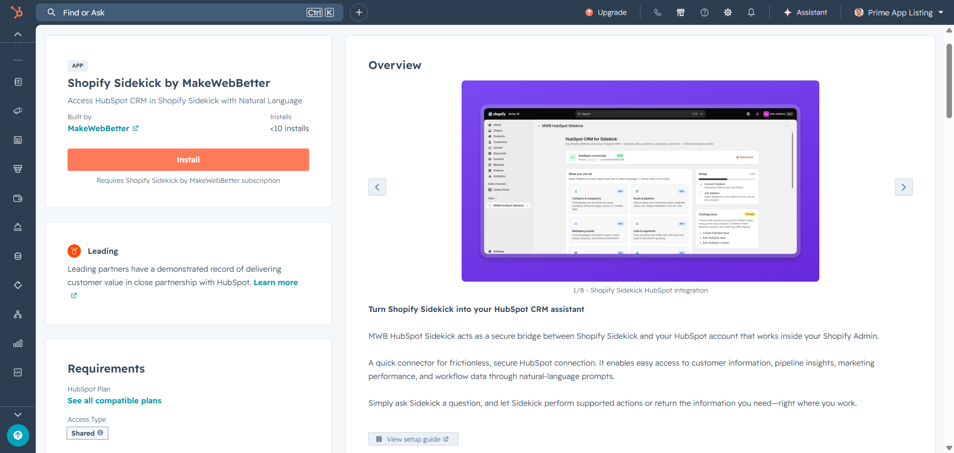 install Shopify Sidekick by makewebBetter from HubSpot