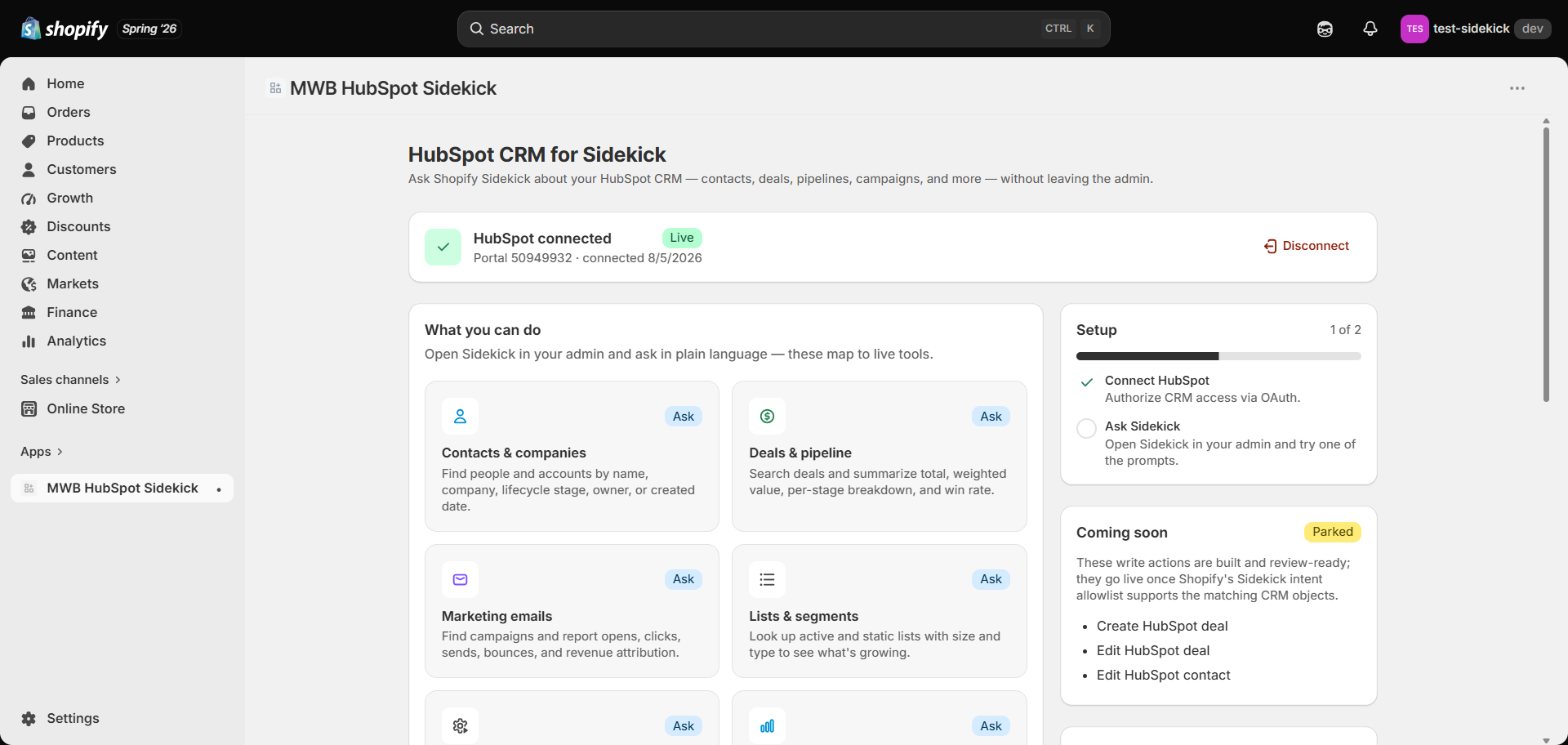 shopify sidekick hubspot integration dashboard