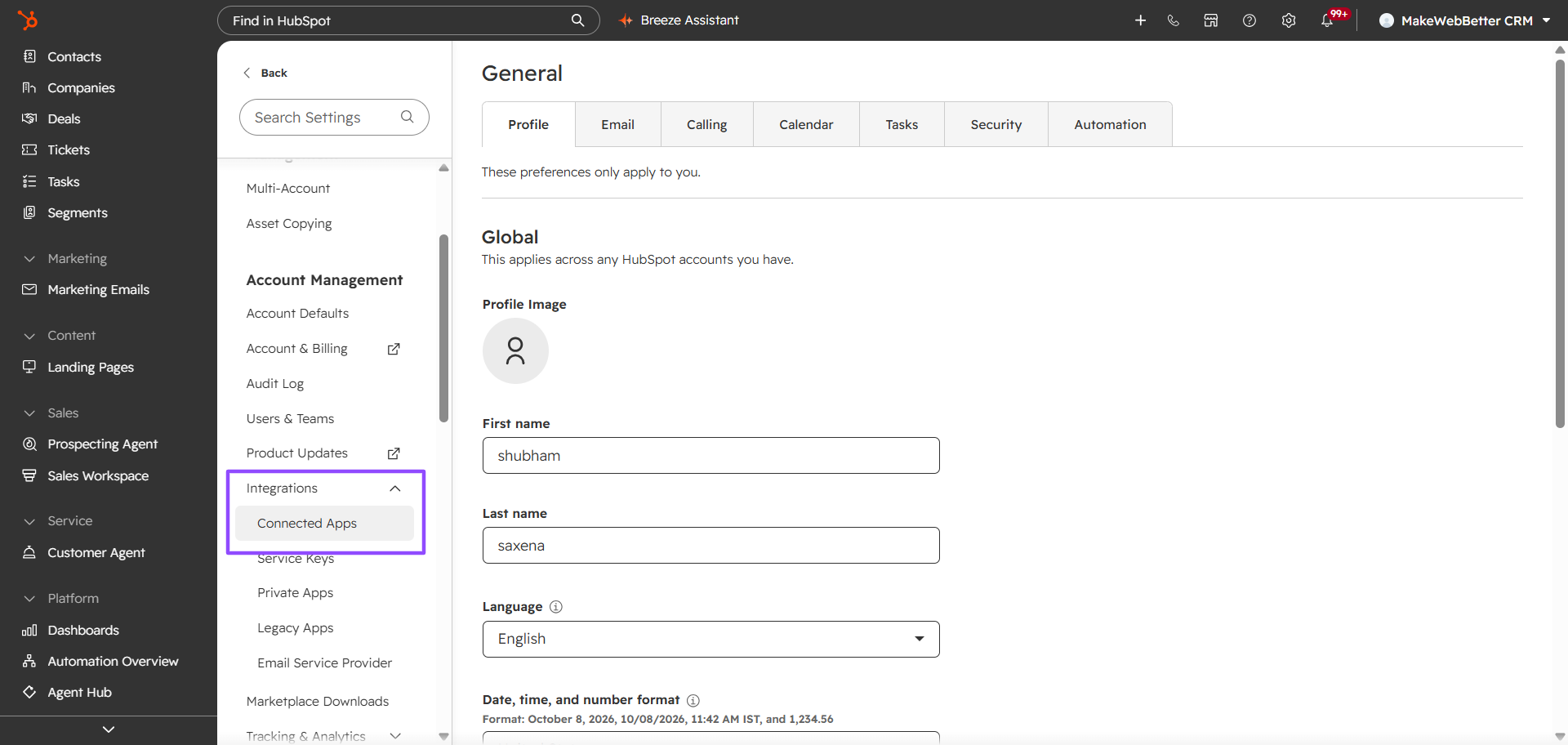 hubspot settings - integrations - connected apps
